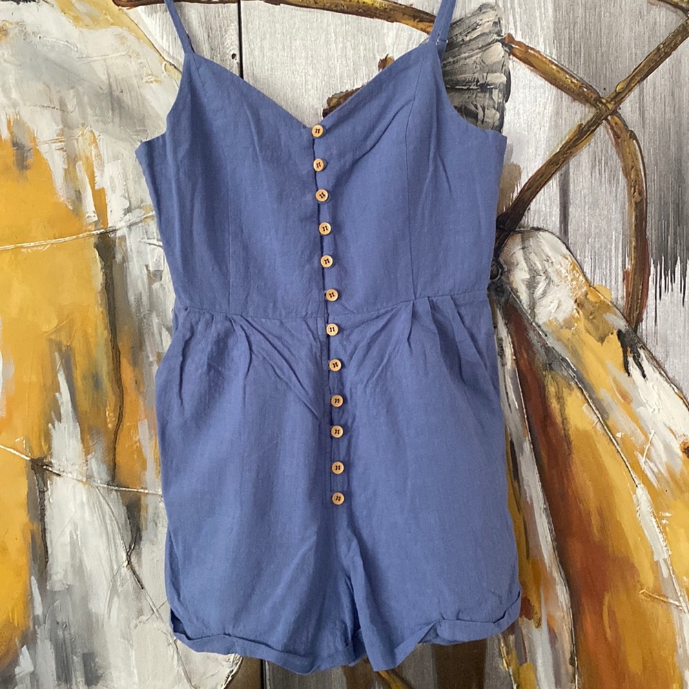 Pink Lily Blue Button Up Romper